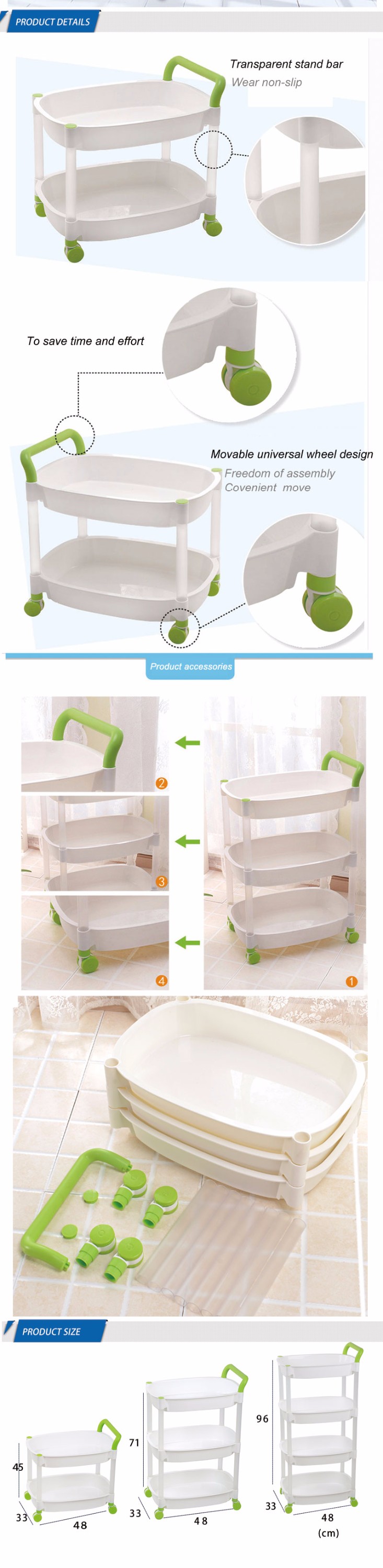3 Tier Portable Kitchen Bathroom Utensil Trolly Plastic Storage Rack