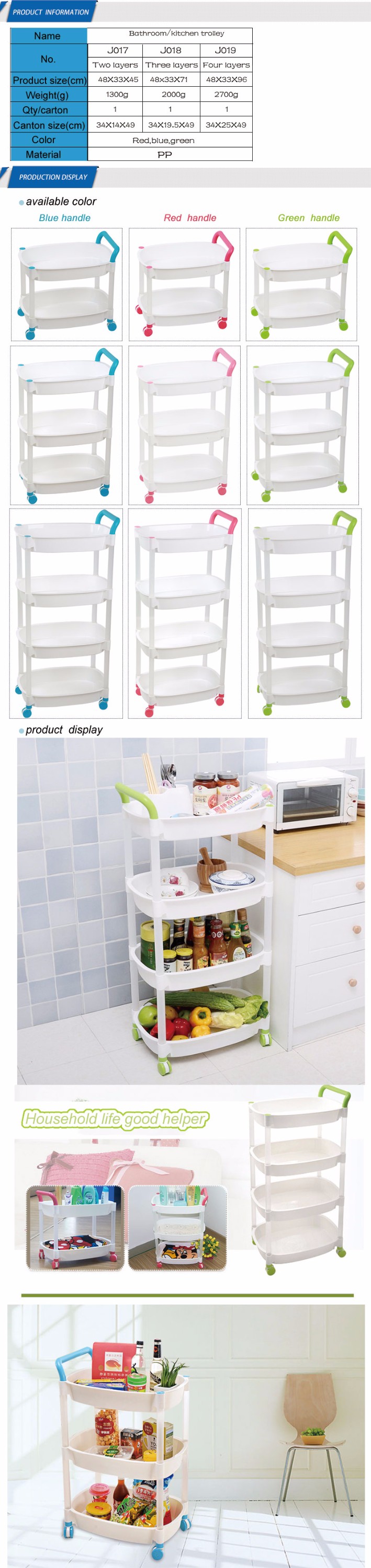 3 Tier Portable Kitchen Bathroom Utensil Trolly Plastic Storage Rack