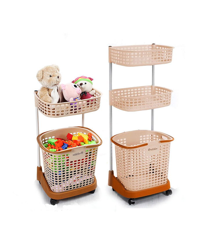 3 Layers Bathroom Folding Rolling With Wheels Plastic Laundry Basket